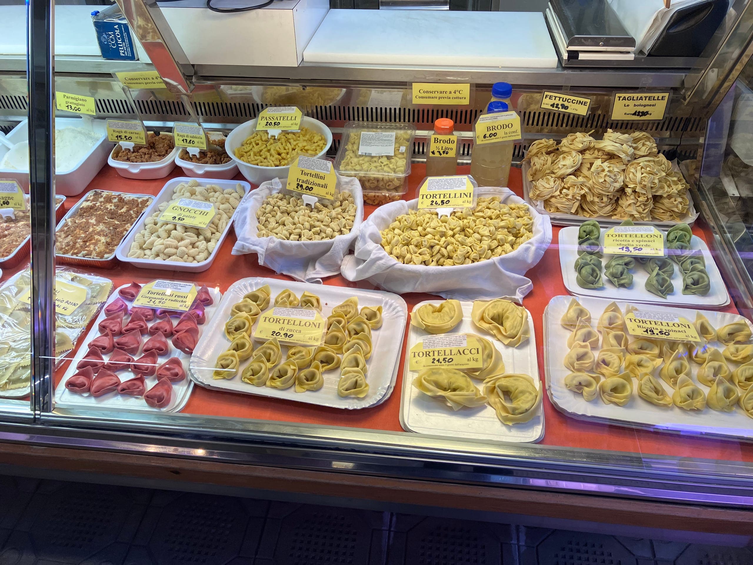 Fresh pasta on a stall inside the Albinelli covered market in Modena